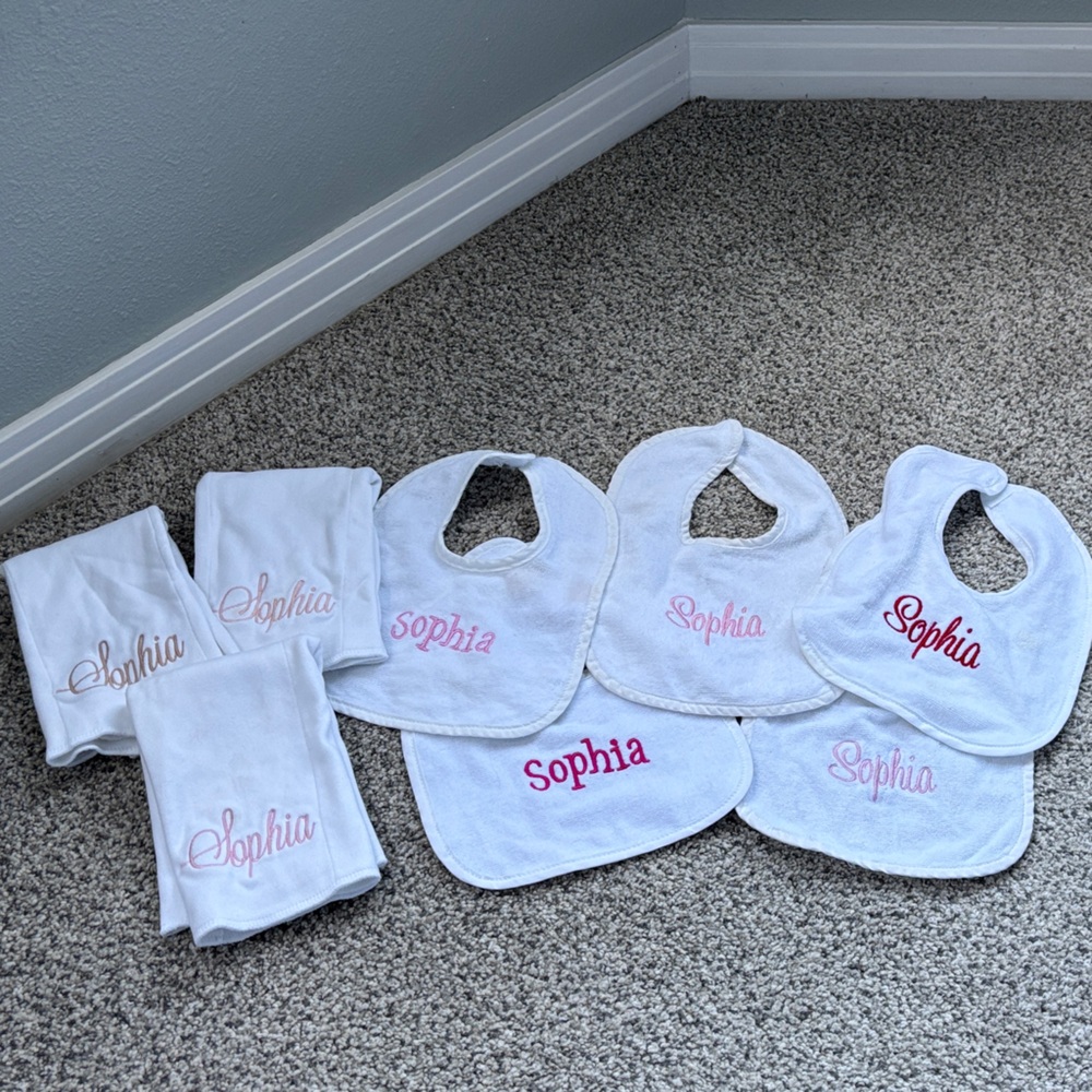 “Sophia” Monogram White and Pink Baby Bib Set